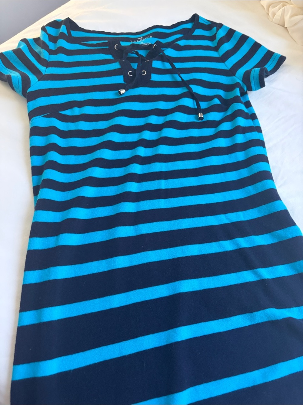 Talbots Striped Lace-Up Short Sleeve Dress in Blue and Navy